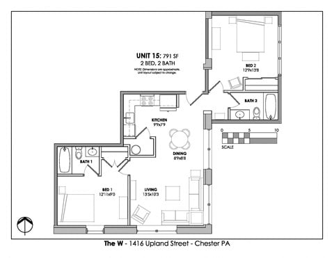 Floor plan for 2 beds, 2 baths, 791 sqft